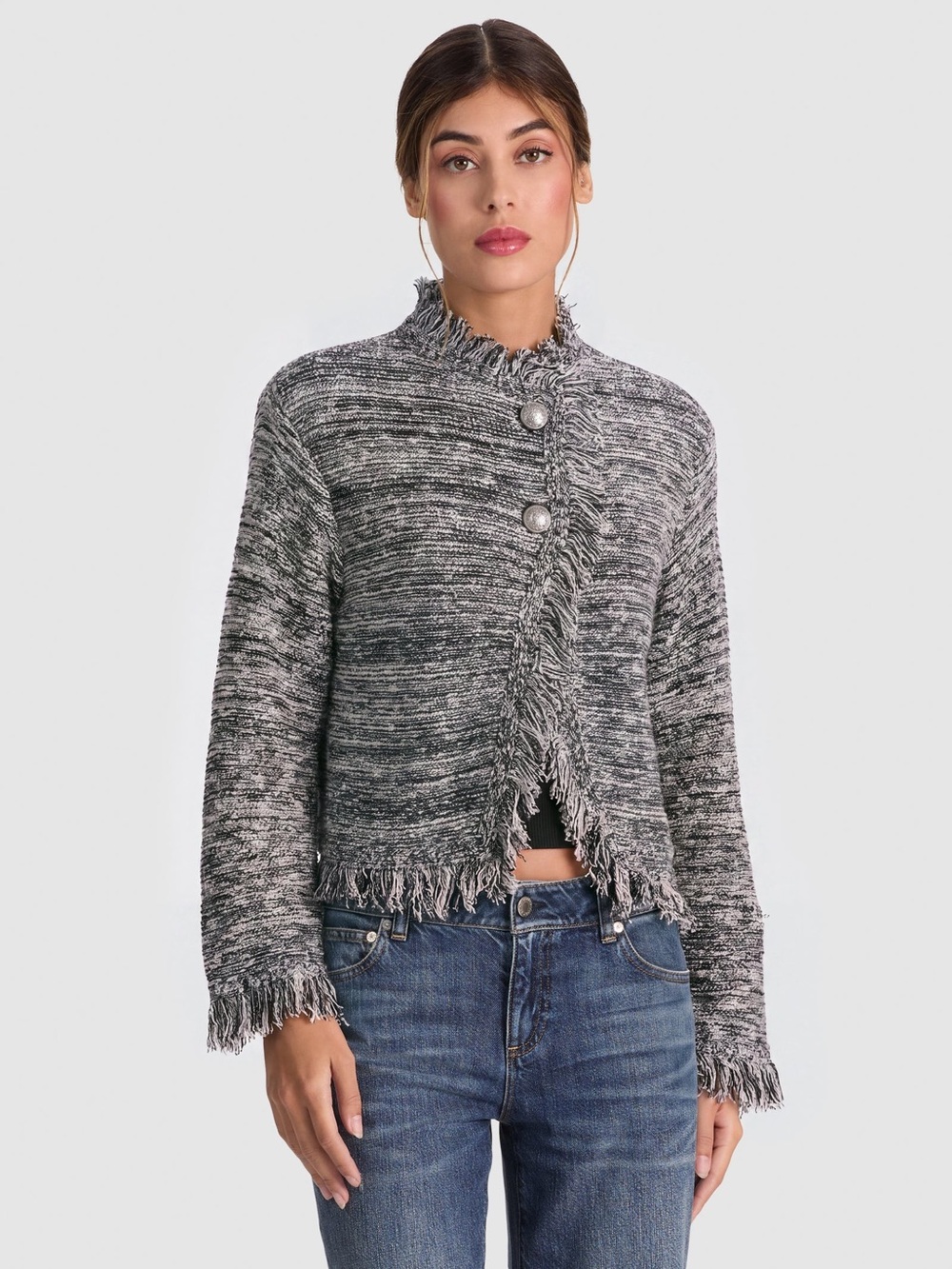 Alice + Olivia NWOT JANET FRINGE JACKET - BLACK/SOFT WHITE